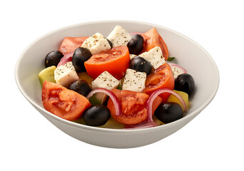 Fresh Traditional Greek Salad with Feta Cheese, Tomatoes, Cucumbers, and Olives on Rustic Table

