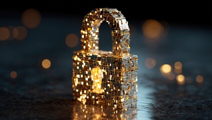 Glowing digital padlock created from golden cubes, resting on a textured dark surface with bokeh