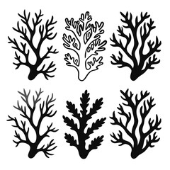 Silhouette seaweed pattern displays organic marine black shapes against a clean white background providing clear contrast