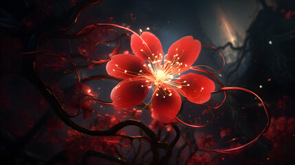 Radiant red blossom with glowing trails in a shadowy space