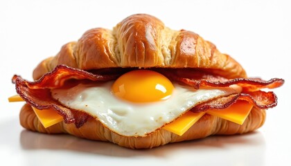 Croissant sandwich stuffed with fried egg bacon, cheese slices sits on white background. Savory morning pastry offers hearty quick breakfast brunch option. Delicious buttery baked food ready to eat.