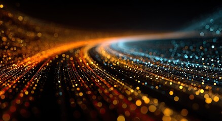 Abstract artistic depiction of flowing light trails in shades of orange and blue on a black background