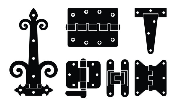 Metal door hinges black silhouette icon set including antique decorative and modern hardware designs