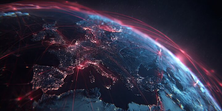 A globe of Earth showing connecting red lines, depicting global networks, with city lights visible