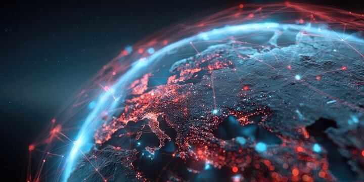 A globe shows a network of lights and connections overlaying continents, illuminated with blue and red tones