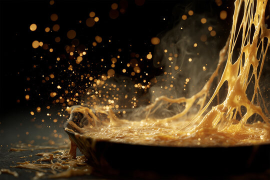 Golden threads of melting cheddar stretch from a cast-iron skillet, creating delicate webs in a cinematic display of culinary art during a cozy kitchen moment