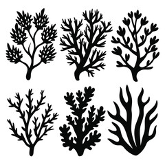 Six diverse black coral silhouettes are displayed on a plain background in this image