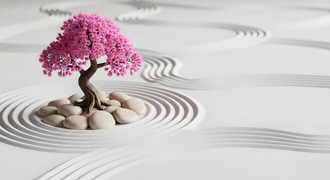Zen garden with pink cherry blossom tree raked sand and smooth stones a peaceful scene for meditatio
