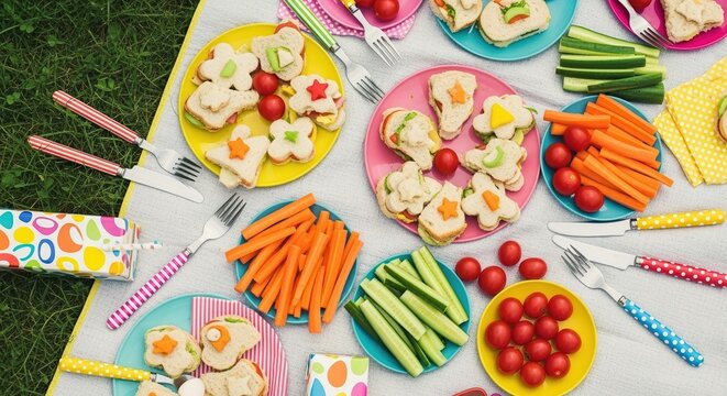 A colorful picnic blanket is laden with an assortment of fun, kid-friendly sandwiches and fresh vegetables, perfect for an outdoor family gathering or party.