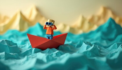 Origami man sailing in paper boat looks through binoculars. Seascapes, horizon, mountains made from paper. Concept of discovery, exploration, adventure. Metaphor of searching for success, new