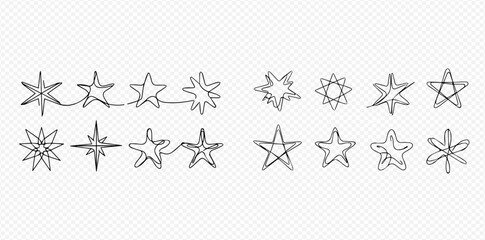 Set of hand-drawn doodle stars in continuous line art style, various shapes and designs.