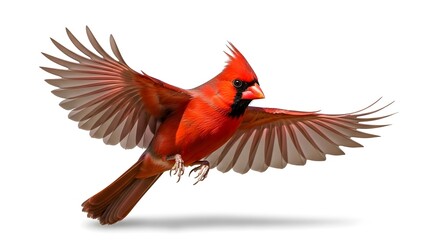 Flying red cardinal bird with outstretched wings isolated on white background wildlife photography