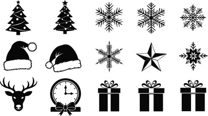 Black and white Christmas icons set, including decorated trees, snowflakes, Santa hats, reindeer head, clock with bow, star, and gift boxes for festive designs