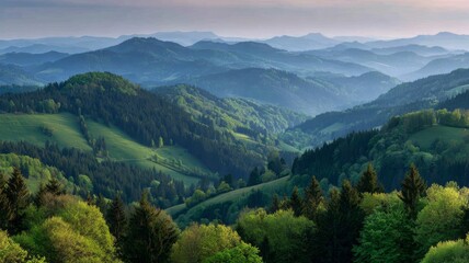 Vast mountain ridge in ontario, california shrouded in morning haze with layered peaks and serene wilderness views