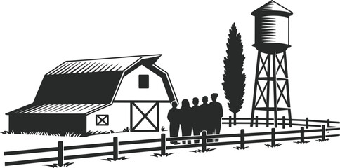 Farm Scene Silhouette Vector Illustration, Rural Barn, Water Tower, Group of People, Countryside Landscape, Agriculture and Farming Graphic Design