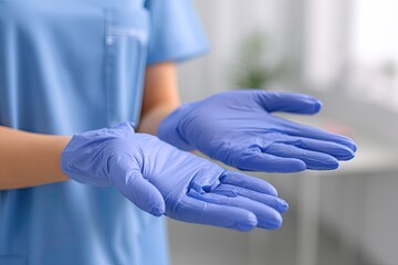 A medical professional presents gloved hands, in a blue uniform, indoors, close up