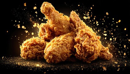 Close-up of golden, crispy fried chicken drumsticks, presented against a stark black backdrop