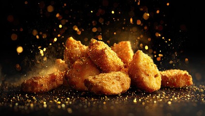 Golden-brown, fried, bite-sized food, piled, illuminated by sparkling golden particles