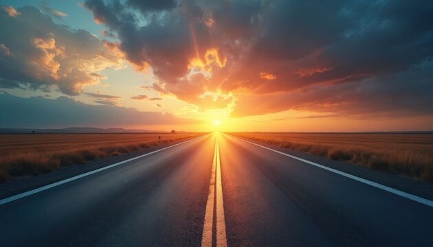 Long highway stretches to the bright horizon during sunset. Open road with sun. Road to the light symbolizes journey to success and goals achievement. - Powered by Adobe