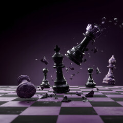 Dramatic chess scene with exploding black king piece on purple board, dynamic shards flying in mid-air, intense cinematic composition highlighting strategy, tension and powerful visual impact
