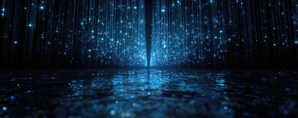Abstract blue light particles reflecting on a dark wet surface with falling glitter