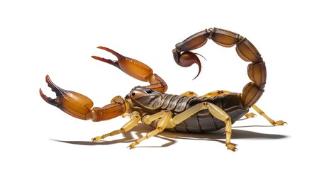 Scorpion with raised claws and curved tail isolated on white background macro studio shot