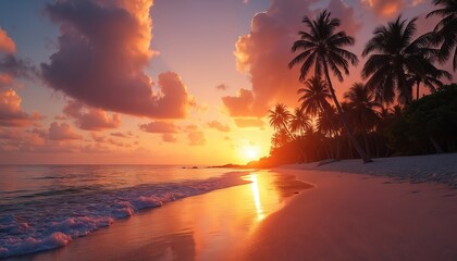 Tropical beach at sunset with palm trees. Golden sand meets calm ocean waves reflecting vibrant orange and purple sky. Peaceful seaside dusk scene.