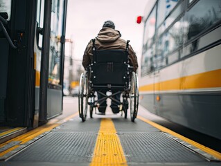 A person in a wheelchair prepares to board a public transport vehicle via a ramp