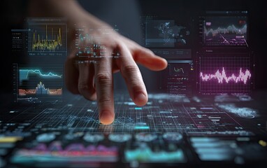 Close-up of a hand interacting with a futuristic, data-rich digital interface