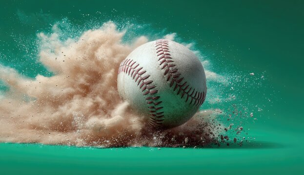 A baseball breaking through a cloud of dust against a vibrant green backdrop