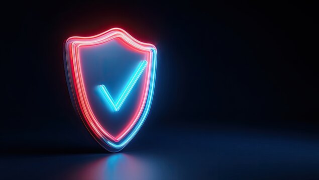 Neon glowing shield with a bright blue checkmark on a dark, reflective surface
