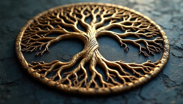 Artistic illustration features Tree of Life design. Gold tree with roots is inside circle shape against dark textured backdrop. Conceptual art shows the connection with nature.