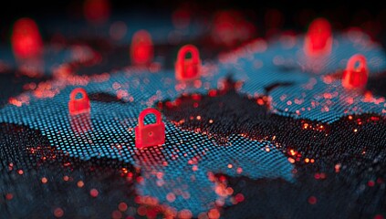 Conceptual image of a global digital network overlaid with glowing padlocks, representing security