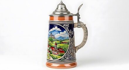 Traditional German beer stein with landscape decorative pewter lid souvenir from Bavaria