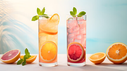 Soft pastel drinks in glassware with ice and citrus slices