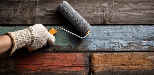 A gloved hand uses a paint roller to apply paint to weathered wooden planks. The colors are muted