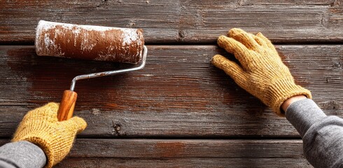 A close-up shot of a person using a paint roller on weathered wooden planks, wearing protective gloves