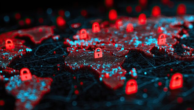 Digital stylized world map with red locks indicating cybersecurity threats across interconnected nodes