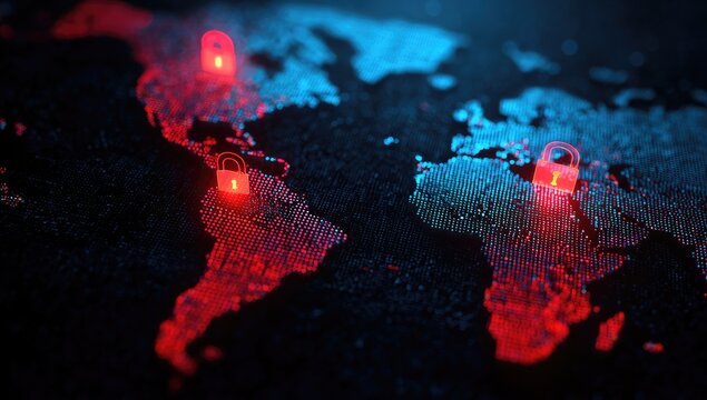 Glowing padlocks illuminate parts of the world map depicting cybersecurity concerns