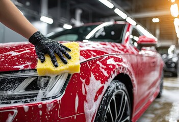 Close-up of a red car being washed with soap and a sponge by a gloved hand
