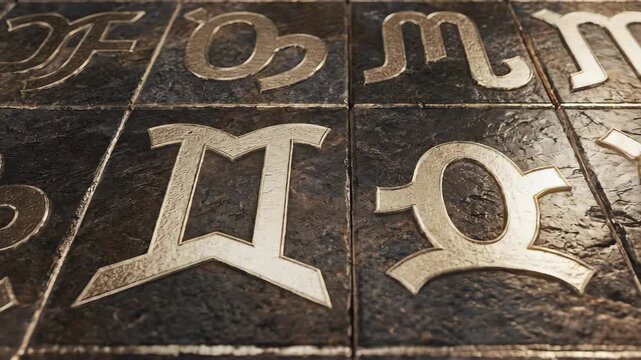 Mystical Zodiac Signs A Captivating CloseUp of Astrological Symbols on Stone Tiles Revealing Ancient Wisdom and Cosmic Connections for Divination and Horoscopes.