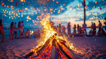 Vibrant beach bonfire party at twilight, with dancing flames, flying sparks, blurred silhouettes of friends gathering, and twinkling bokeh lights illuminating evening sky