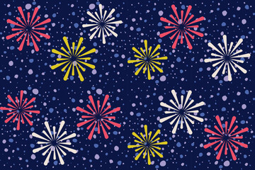 Colorful firework and snowfall seamless pattern.Abstract nigh blue sky, background surface texture background.Nature winter folk art illustration.Design for seasonal,Christmas holiday,celebration deco