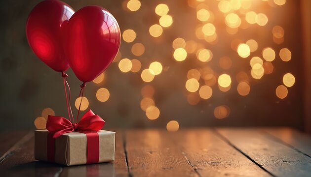 Gift box with red ribbon, two red heart shaped balloons on wooden table. Bokeh lights in background. Romantic decoration for valentine day anniversary. Surprise gift with heart balloons. Love,