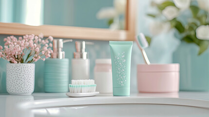 Serene pastel bathroom decor featuring mint green toiletries, pink baby's breath flowers, and elegant dispensers on clean white sink counter, creating fresh and calming spa-like ambiance.