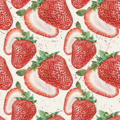 Hand drawn seamless pattern with strawberries, botanical illustration for textile, fabric, wallpaper print. Drawing of red berries with color pencils capturing texture of paper. Not AI generation.
