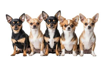 A group of five chihuahua dogs sitting together in a row against a black isolated background studio shot