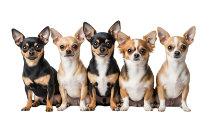 A group of five chihuahua dogs sitting together in a row against a black isolated background studio shot