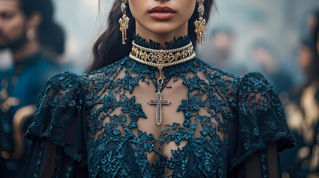 Elegant woman in dark teal lace gown, adorned with regal golden choker, elaborate cross pendant, and intricate gold earrings, set against softly blurred background.