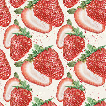 Hand drawn seamless pattern with strawberries, botanical illustration for textile, fabric, wallpaper print. Drawing of red berries with color pencils capturing texture of paper. Not AI generation.